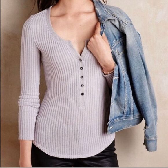 Anthropologie Postcard Ribbed Gray / Lavender Henley - Women’s L - Picture 1 of 9